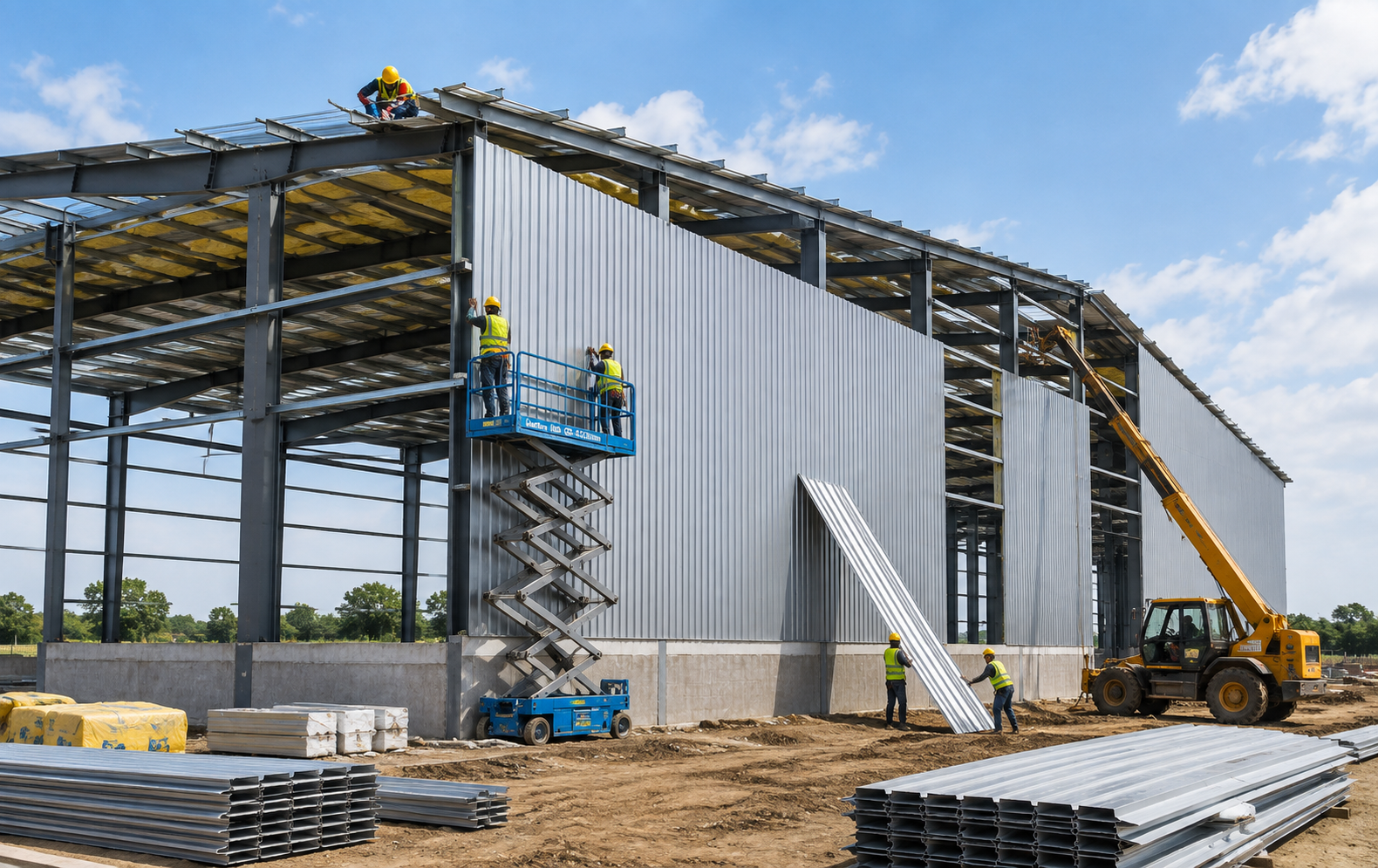 Steel sheeting installation on PEB building